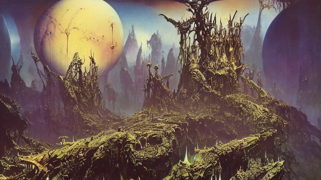 Image similar to surreal eerie alien planet empire with strange biomechanical plants by frank frazetta and bruce pennington, cinematic matte painting