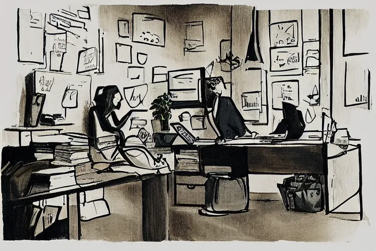 Prompt: “ a jacques kleynhans illustration of office work ”