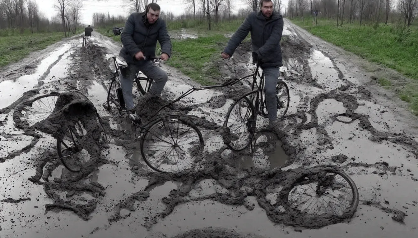 Image similar to drunk russian man driving bicycle trough potholes and mud, hilarious, funny, meme, realistic, detailed, 4 k