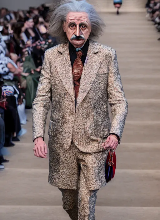 Image similar to hyperrealistic and heavy detailed gucci runway show of albert einstein, leica sl 2 5 0 mm, vivid color, high quality, high textured, real life