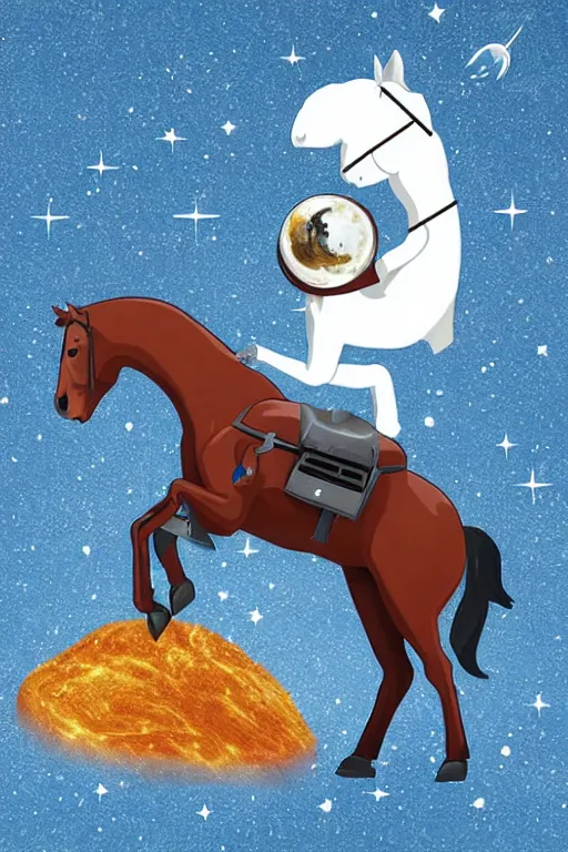 Image similar to horse sits on a lying astronaut, highly detailed
