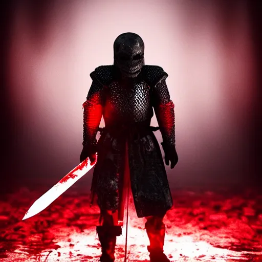 Prompt: scary knight, red light sword, covered in blood, in hell, kneeling, photorealistic, 8k, highly detailed, cinematic atmosphere