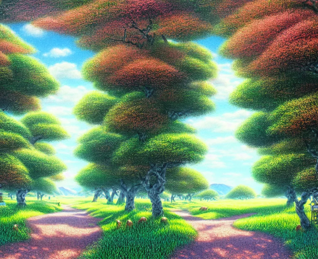 Image similar to a landscape pastel in the style of noriyoshi ohrai, mark tedin and bob ross of an orchard where all the trees are made of chrome metal. a path leads through th eorchard key art. 4 k retrofuturistic fantasy