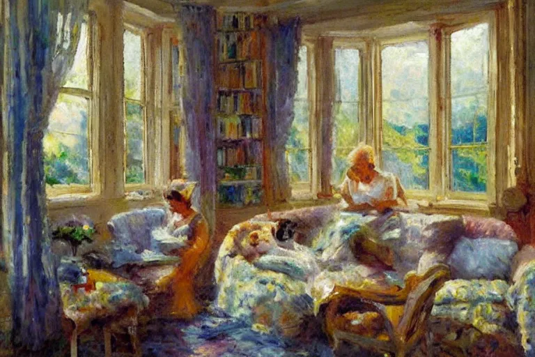 Prompt: impressionist oil painting with broad pallet knife, luminous muted colors, a bay window with comfy cushions, side view. queen elizabeth reads a book, a german shepherd puppy sleeps next to the child. the room is dim with sun from the window highlighting the queen.