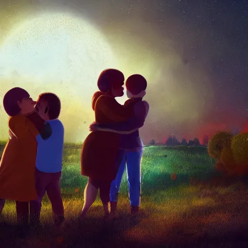 Image similar to a family hugging each other for the last time as the world is ending, meteors are falling from the sky, everything is on fire, dramatic lighting, digital art, very very very very very very beautiful, 8 k, dark lighting, trending on artstation, award winning