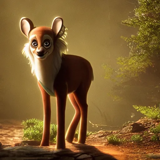 Image similar to doc brown as bambi in the movie bambi, movie still 8 k hdr atmospheric lighting