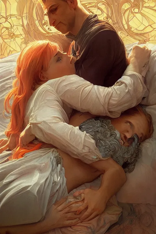 Image similar to portrait of a man in tin - foil hat and orange t - shirt hugging his wife in a bed, feelings, romantic, fantasy, intricate, elegant, highly detailed, digital painting, artstation, concept art, smooth, sharp focus, illustration, art by artgerm and greg rutkowski and alphonse mucha