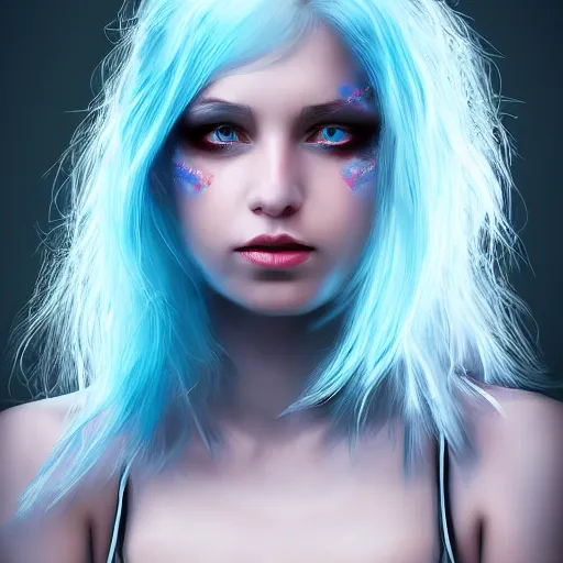 Prompt: portrait of young girl half dragon half human, dragon girl, dragon skin, dragon eyes, dragon crown, blue hair, long hair, highly detailed, cinematic lighting, by Jim Jamursch