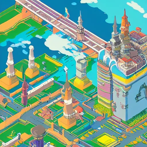 Image similar to isometric fantasy art of a giant waterfall city with tall skybridges and turrets, bold colors, detailed, by studio ghibli