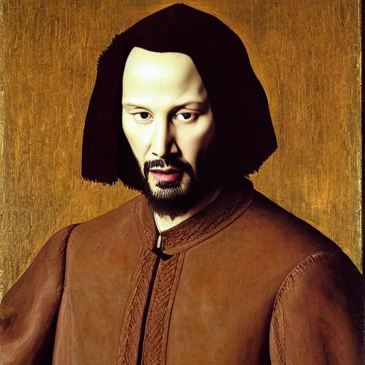 Prompt: portrait of keanu reeves, oil painting by jan van eyck, northern renaissance art, oil on canvas, wet - on - wet technique, realistic, expressive emotions, intricate textures, illusionistic detail