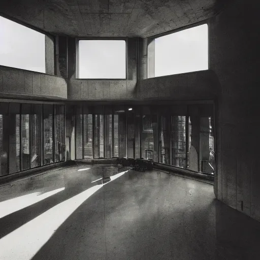 Prompt: eco brutalist interior with high celing and big windows, dark moody lighting, neo militarism, highly detailed, excellent composition, dramatic lighting, photography, 3 5 mm, kodak film