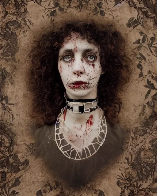 Prompt: an instant photo of beautiful but creepy, doorstep siblings in layers of fear, with haunted eyes and curly hair, wearing a vivienne westwood choker, 1 9 7 0 s, seventies, wallpaper, woodland, a little blood, moonlight showing injuries, delicate embellishments, painterly, offset printing technique, by mary jane ansell