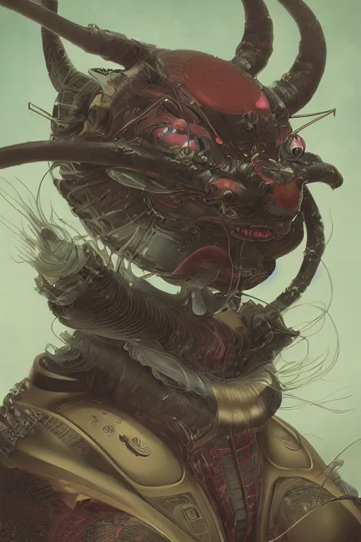 Image similar to a portrait of a sci fi japanese devil animal illustrated by miyazaki by karol bak, james jean, tom bagshaw, rococo, sharp focus, trending on artstation, cinematic lighting, hyper realism, octane render, 8 k, hyper detailed, vivid, ultra detailed, highly detailed