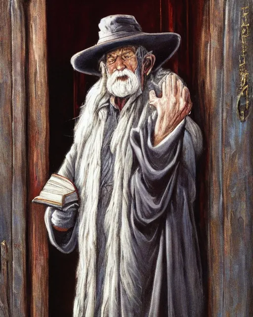 Prompt: Clyde Caldwell portrait painting of a old rugged actor wizard wearing a wizard hat and robe from the hobbit holding a book and standing in front of an ancient wooden door