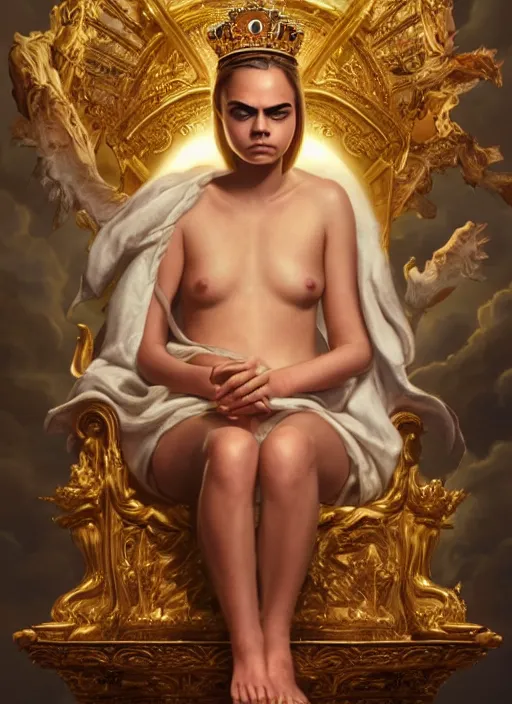 Image similar to cute chubby cara delevingne as a heavenly queen sitting on a golden throne, anatomy, bathed in light, highly detailed, photorealistic, artstation, smooth, sharp focus, illustration, unreal engine 5, 8 k, art by artgerm and greg rutkowski and edgar maxence