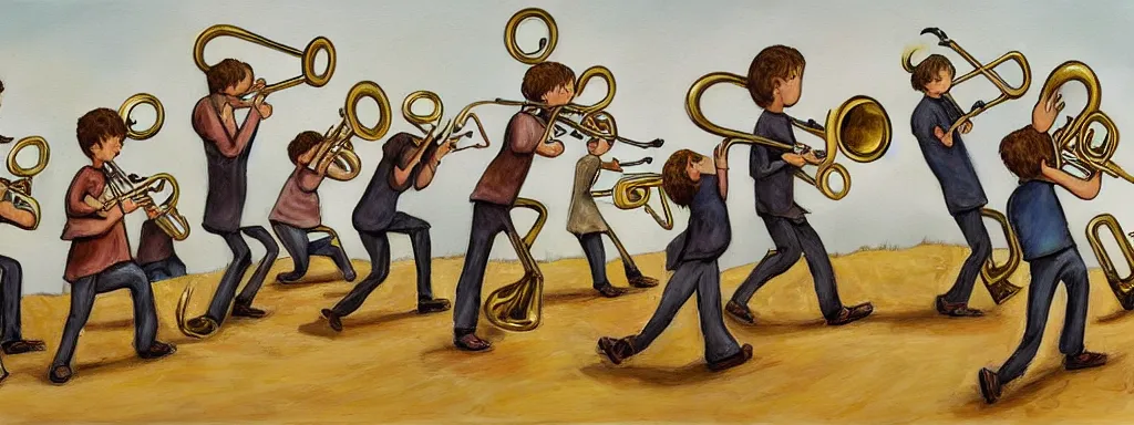 Prompt: painting of a line of children throwing brass instruments into a pile, unsaturated, sad, dreary, tim burton style, dark