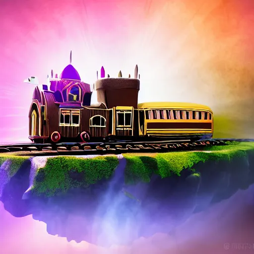 Image similar to Magic Train floating in air flying towards a magic floating island, medieval, dramatic lighting , 40nm, shallow depth of field, split lighting, 4k,