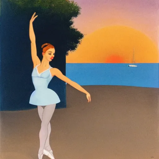 Image similar to a ballerina facing a blue portal on the street, which shows a beach at sunset, alberto vargas