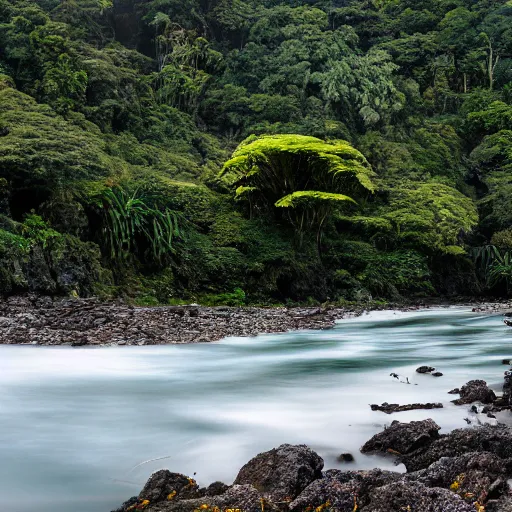 Image similar to View from a small rocky beach of a 200 meter high gorge covered in ancient New Zealand lowland Podocarp forest with vines, epiphytes and Nikau palm trees. A Moa is eating a leaf at the edge of the forest. A small river in the foreground with small brown ducks. Moody stormy day, landscape photography, sunset, 4K