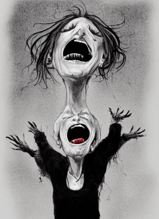 Prompt: A Scary Smiling woman reaching her arms out, in the style of Stephen Gammell