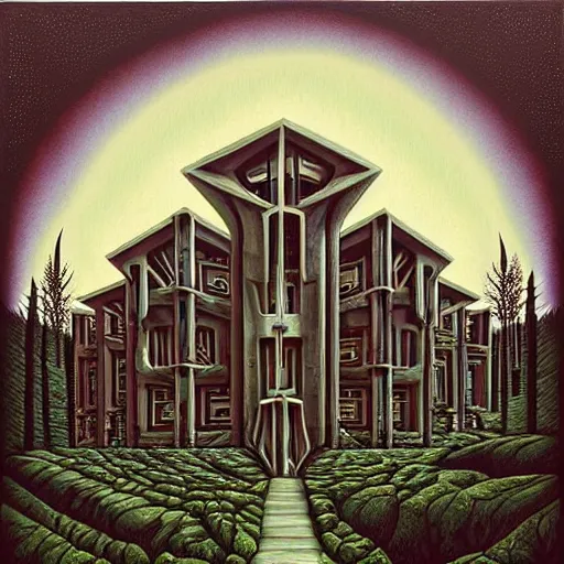 Prompt: a mansion with brutal architecture in the middle of an ancient futuristic druidic village in the woods, painting by jeffrey smith