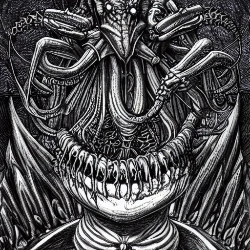 Prompt: cthulhu rides his single speed bicycle to work in a detailed hellscape, hr giger illustration