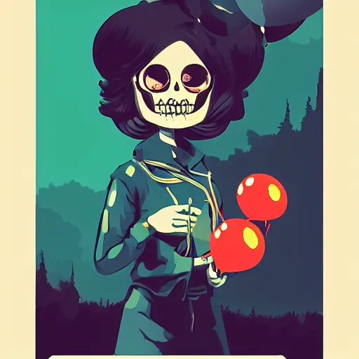 Image similar to portrait skull girl holding balloon by petros afshar, tom whalen, laurie greasley, war face by greg rutkowski