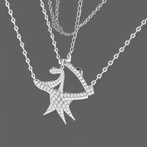 Prompt: a silver sagittarius constellation necklace pendant, 3 d rendering, pandora, tiffany, swarovski, van cleef & arpels, cartier, boucheron, bulgari, chaumet, elegant, noble, stylish