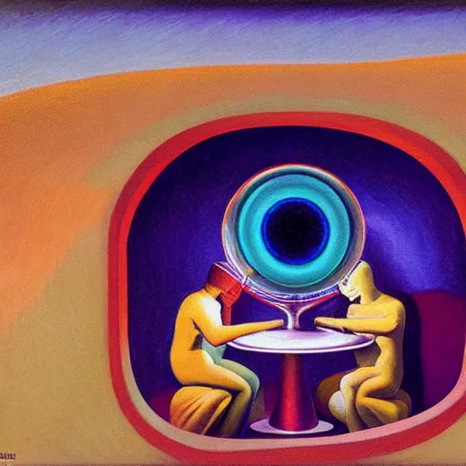 Image similar to three biomorphic robotic seers watchers oracles soothsayers with glowing eyes portrait, inside a dome, pj crook, grant wood, edward hopper, syd mead, chiaroscuro, oil on canvas
