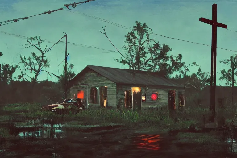 Image similar to scene fromlouisiana swamps, old protestant church with neon cross, junkyard by the road, boy scout troop, voodoo artwork by tim eitel