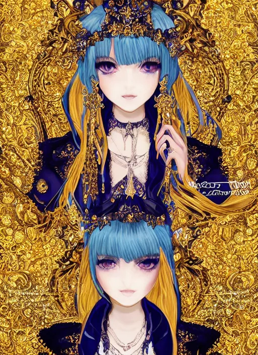 Image similar to baroque bedazzled gothic royalty frames surrounding a pixelsort rimuru tempest smiling, sky blue straight hair, bangs, with amber eyes, yellow golden eyes, wearing a black maximalist spiked jacket, high collar, ultra detailed, concept art, digital painting, pretty, cinematic, wlop artstation, sharpened early computer graphics, remastered chromatic aberration