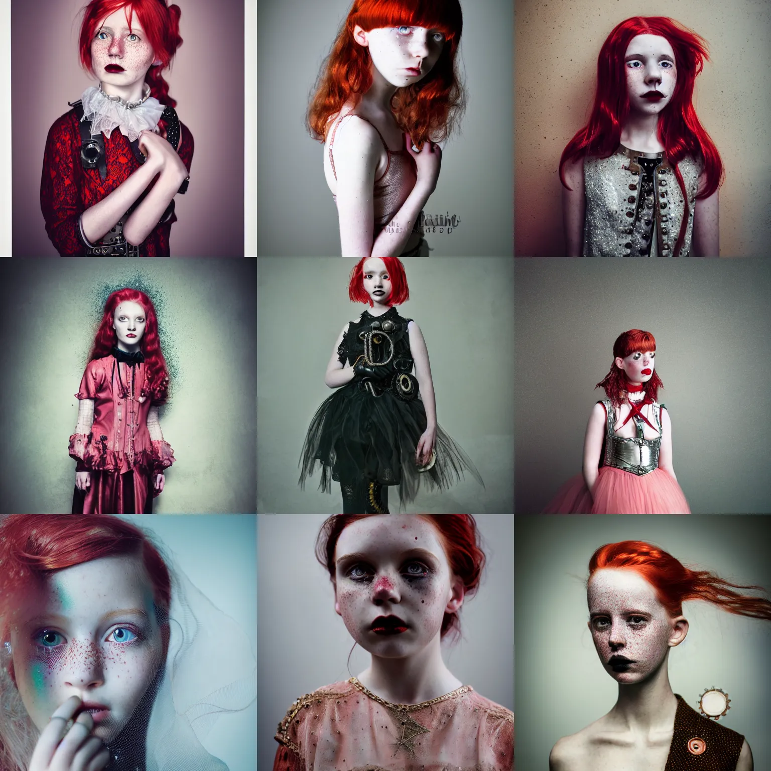Prompt: kodak portra 4 0 0 photo portrait of a ten year old girl in style of tim walker, red hair, freckles, silver lace pearl steampunk biomechanic, volumetric light, colored gel studio light, gothic fashion, 8 k