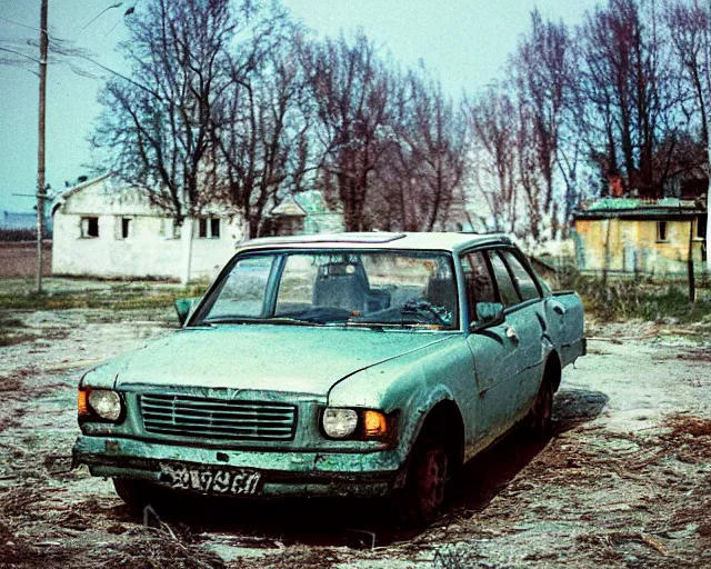 Image similar to a lomographic photo of old lada 2 1 0 7 standing in typical soviet yard in small town, hrushevka on background, cinestill, bokeh