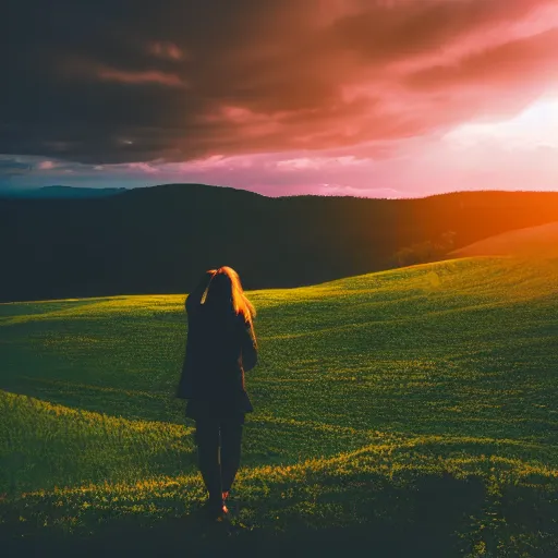 Image similar to woman in silhouette standing atop a hillside, yellow sky, green hills, trees, hinterland, artistic, intense, spooky