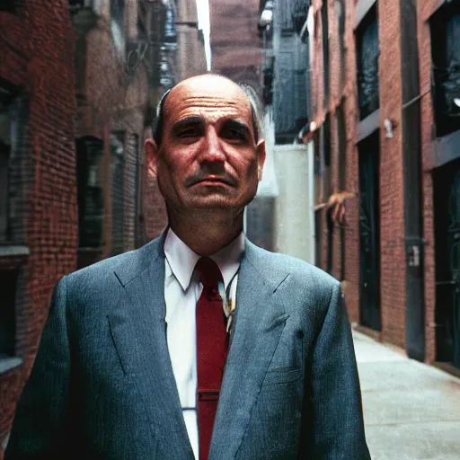 Image similar to closeup portrait of a mobster with an uzi in a smoky new york back street , by Steve McCurry and David Lazar, natural light, detailed face, CANON Eos C300, ƒ1.8, 35mm, 8K, medium-format print