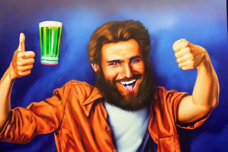 Image similar to a young man holding a beer giving a thumbs up with a long beard, airbrush painted, 80s poster, detailed, uncropped