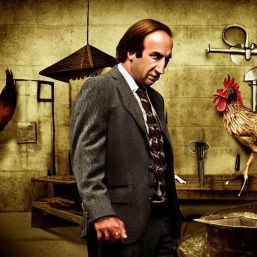 Image similar to saul goodman and a rooster in a medieval torture chamber, saw blades and knives in the background, horror movie, saul goodman, rooster!!!!, real life photo, highly detailed face