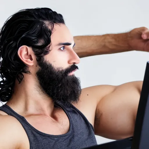 Image similar to a chad with wavy black hair and a beard. muscular. godlike. tank top. using a computer.