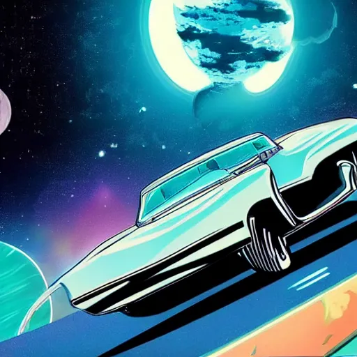 Image similar to 1960s car on a road in space driving towards a planet, synthwave