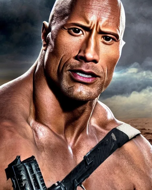 Image similar to film still close up shot of dwayne johnson as max rockatansky in the movie mad max. photographic, photography