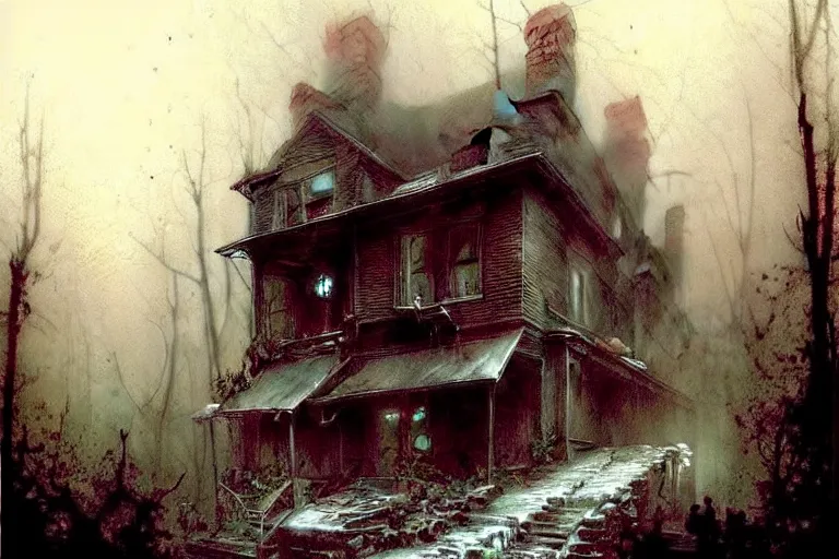 Image similar to (((((a ramshackle manhattan brownstone deep in the forest, creepy, foggy, rainy))))) by Jean-Baptiste Monge!!!!!!!!!!!!!!!!!!!!!!!!!!!