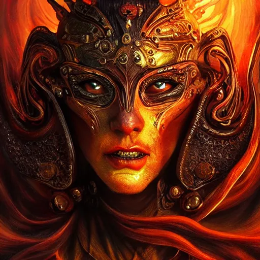 Prompt: Very very very very highly detailed epic photo of face with fiery demonic venetian mask, intricate, dystopian, sci-fi, extremely detailed, digital painting, artstation, concept art, smooth, sharp focus, illustration, intimidating lighting, realistic, incredible art by Artgerm and Vincent di Fate and Anton Pieck