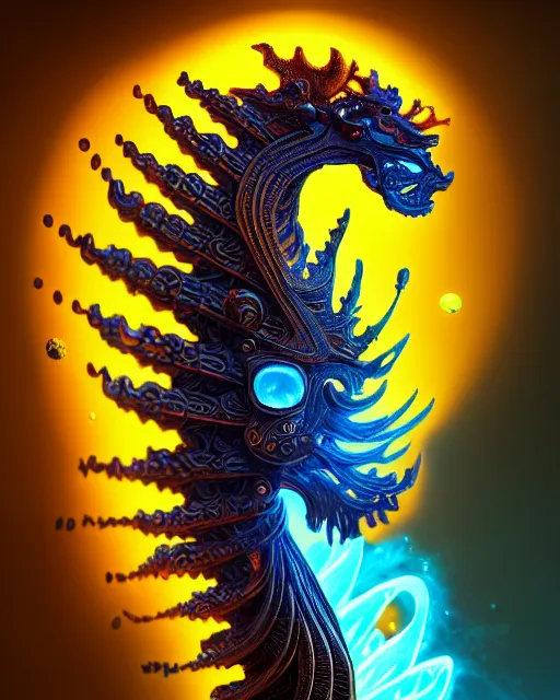 Image similar to 3 d ornate carved dark cosmic horse withfull body, sigma 5 0 0 mm f / 5. beautiful intricate highly detailed quetzalcoatl skull. bioluminescent, plasma, lava, ice, water, wind, creature, thunderstorm! artwork by tooth wu and wlop and beeple and greg rutkowski, 8 k trending on artstation