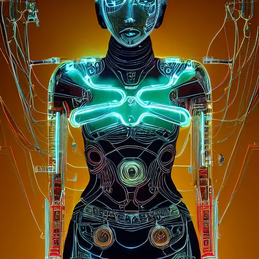 Image similar to a beautiful body of a bot fighter pilot woman mostly made of wires and electronic circuits led luminous, an ultrafine detailed illustration by james jean, final fantasy, intricate linework, bright colors, behance contest winner, vanitas, angular, altermodern, unreal engine 5 highly rendered, global illumination, radiant light, detailed and intricate environment