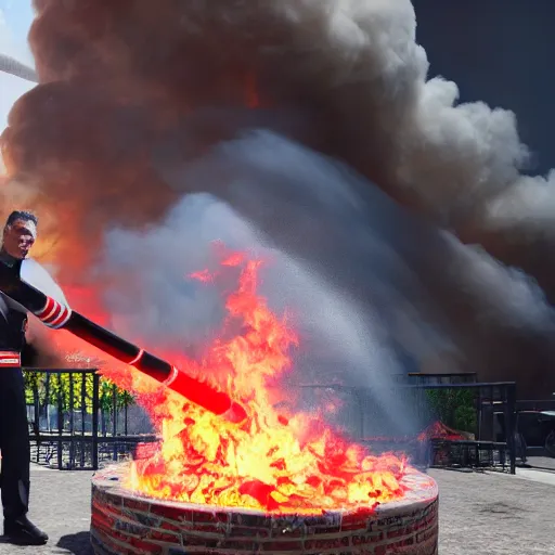 Prompt: Miguel Díaz Canel fighting a giant fire with a extinguisher photorealistic 4K studio photo