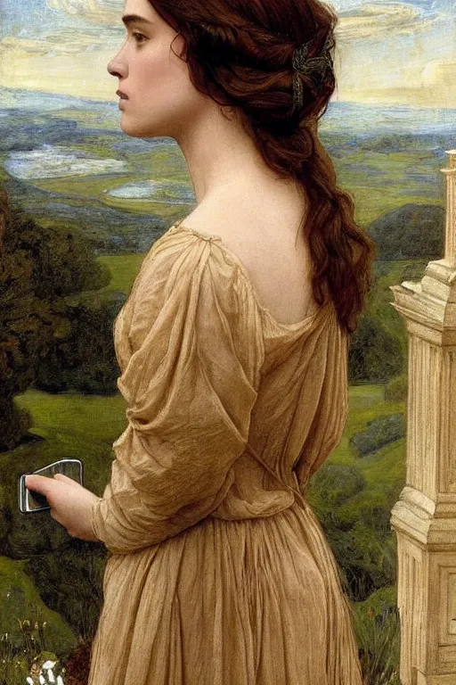 Image similar to a pre raphaelite painting of daisy ridley looking disinterestedly at her phone by dante gabriel rossett