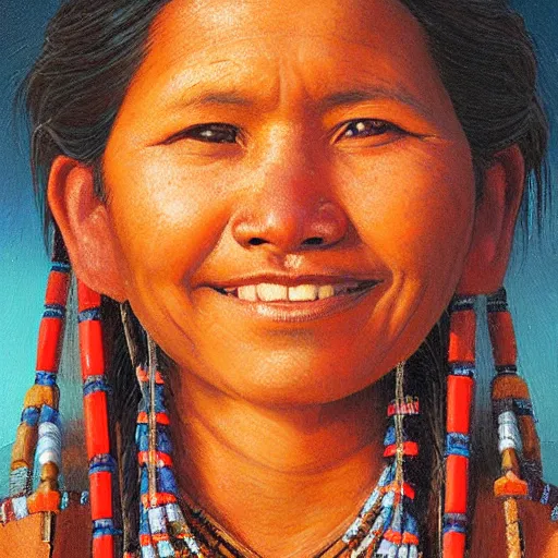 Image similar to portrait of a hopi woman ( 3 5 ) from the hopi reservation in northeastern arizona, an oil painting by ross tran and thomas kincade