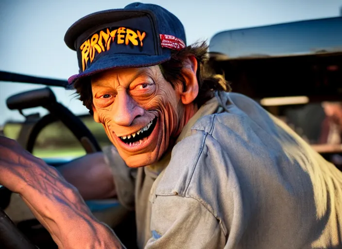 Image similar to photo of jim varney as ernest p worrell as a monster truck driver, 8 k, 8 5 mm f 5. 6