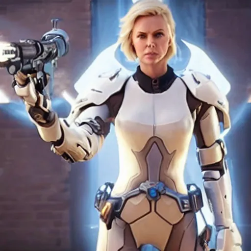 Image similar to film still of charlize theron as mercy in overwatch ( 2 0 2 3 )