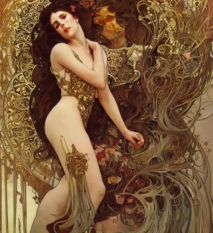 Image similar to unreal engine render + a goddess, smooth, coherent, high detailed, by Karol Bak outlines by Alphonse Mucha, featured on artstation, instagram HD, unreal engine